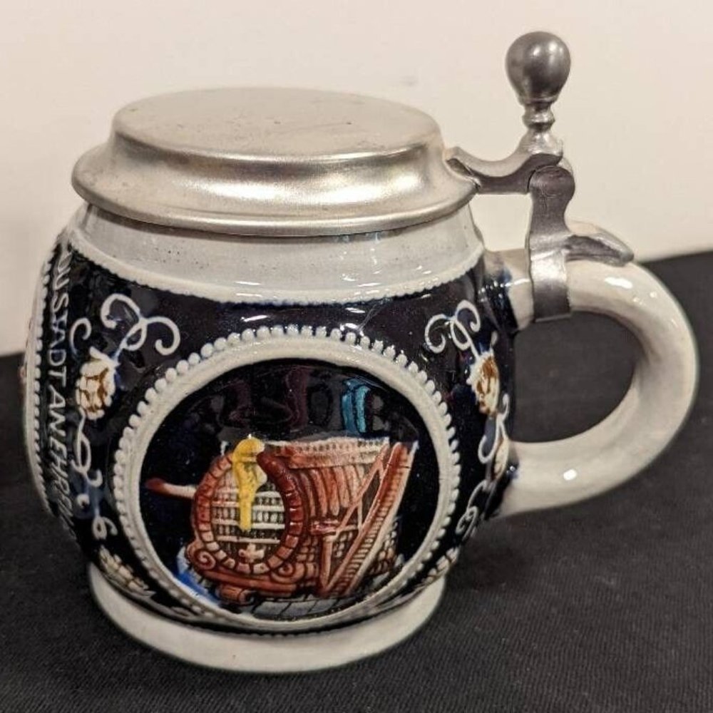 Vintage Stoneware German Stein with Brass Lid